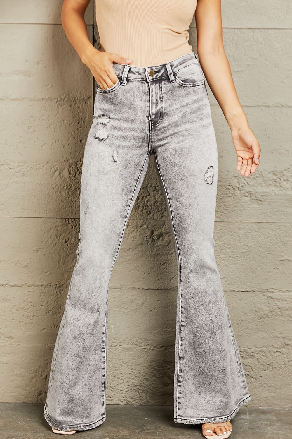 BAYEAS High Waisted Acid Wash Flare Jeans