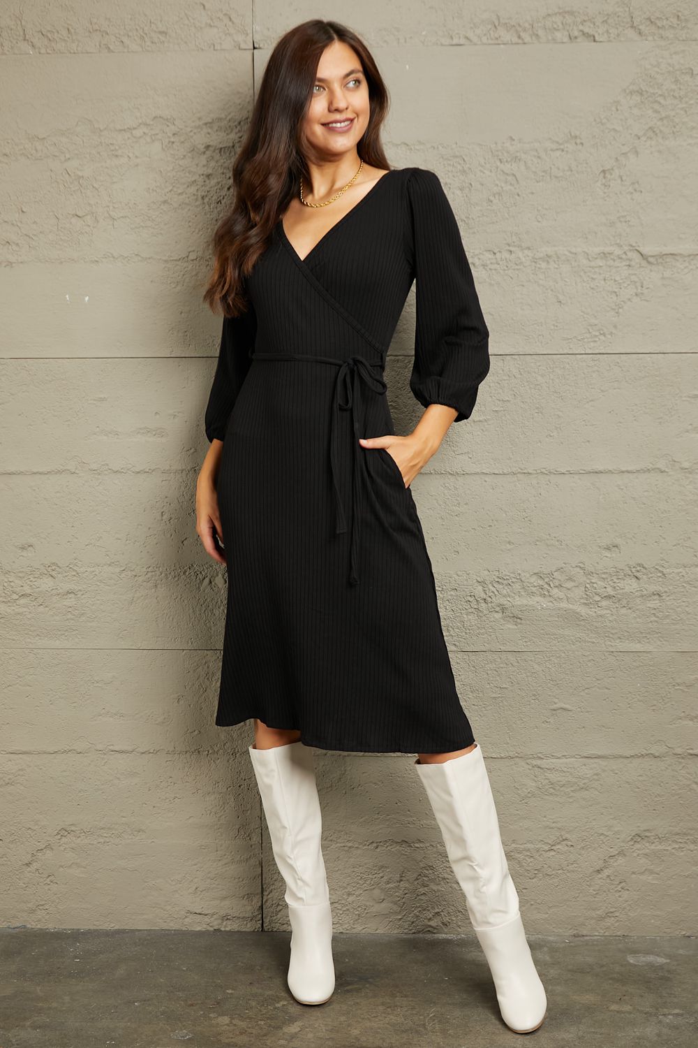 Surplice Flare Ruched Dress in Black