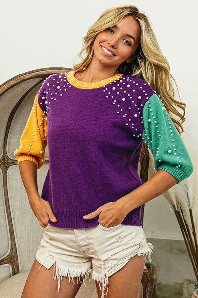 Mardi Gras Pearl Detail Sweater