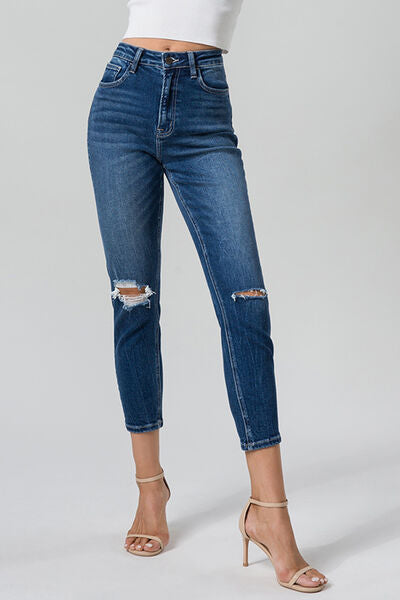 BAYEAS High Waist Distressed Washed Cropped Mom Jeans