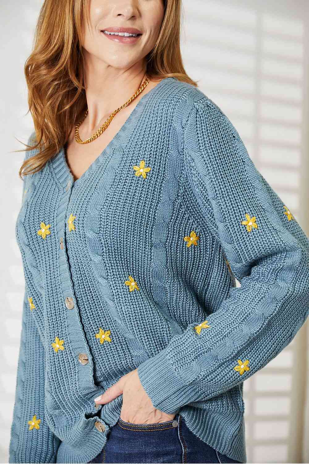 Hey Girl Embroidered Cable Cardigan